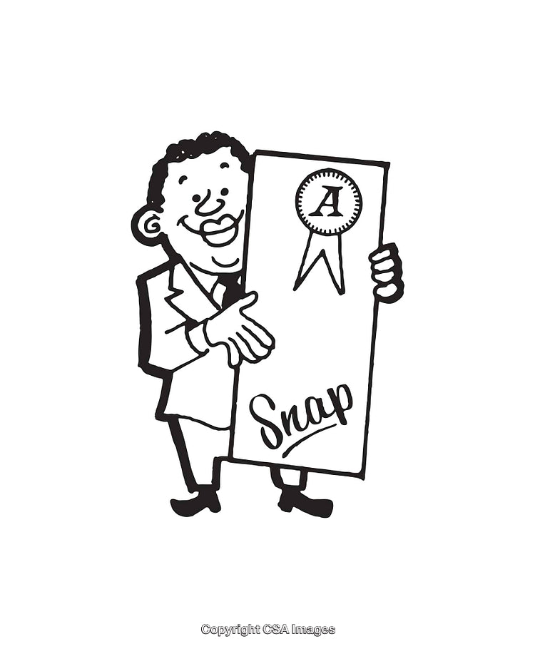 Black and White Line Art of a Character with a Certificate