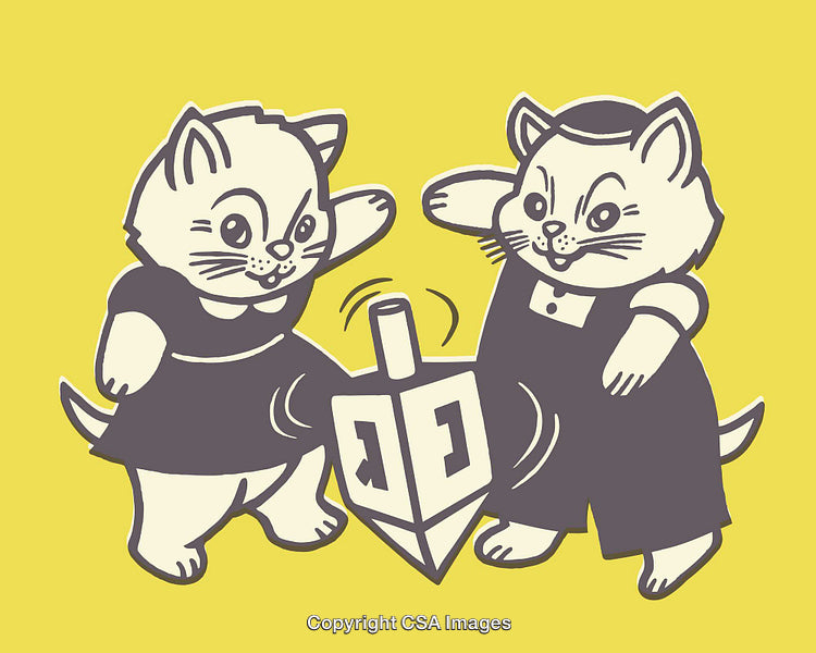 Retro Illustration of Two Kittens Playing With a Dreidel on a Vibrant Yellow Background