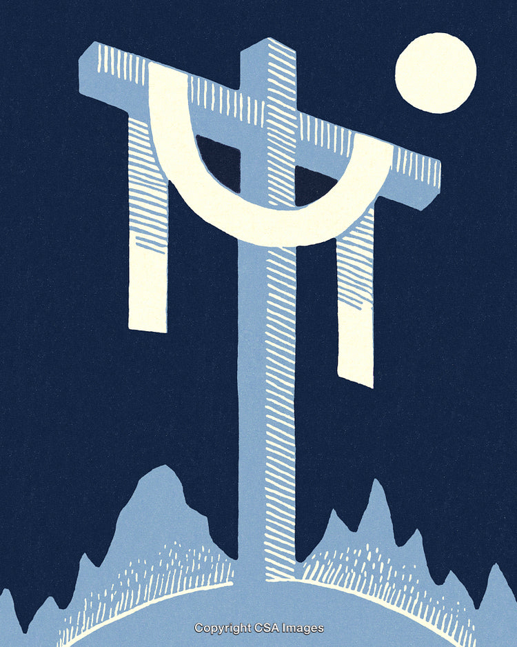 Abstract Symbolic Cross with Moon by Night in Minimalist Art Style