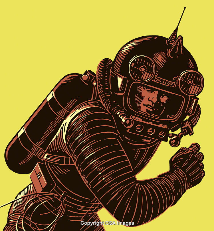 Retro Sci-Fi Illustration of a Spacesuit-Clad Explorer in Action