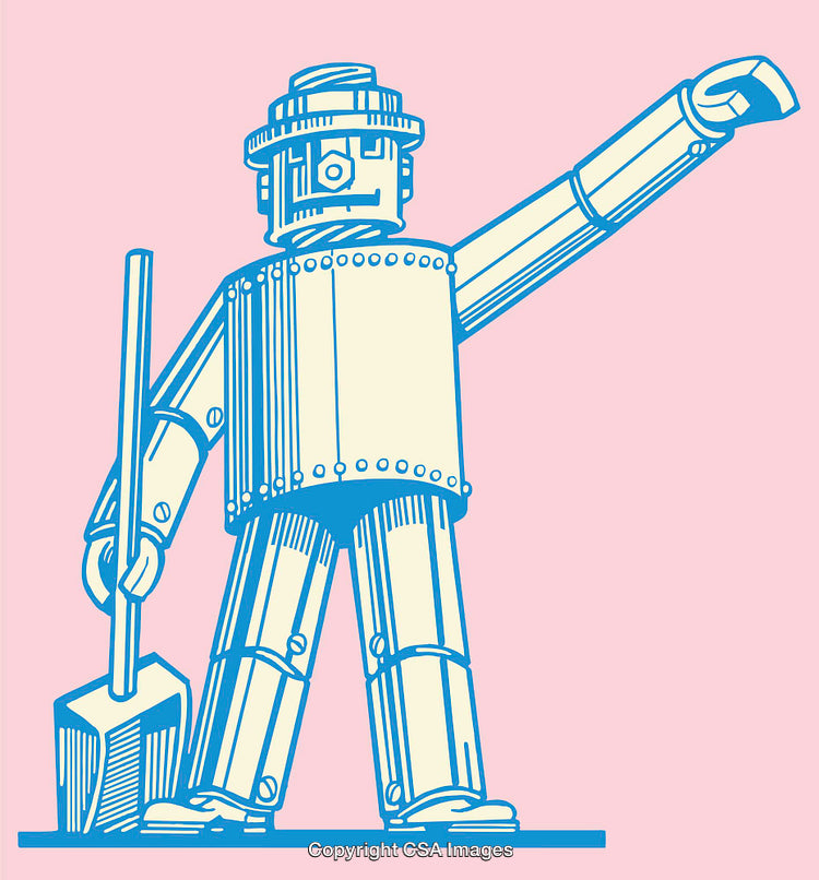 Colorful Illustration of a Vintage Robot Holding a Shovel on Pink Background