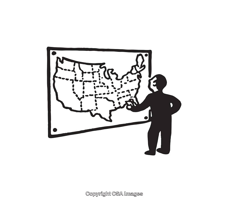 Man Reviewing Map of United States with Highlighted Regions Illustrated