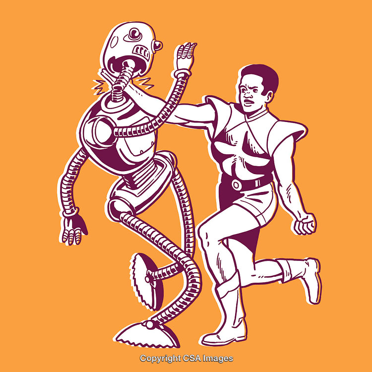 Futuristic Battle Between Human Warrior and Retro Styled Robot