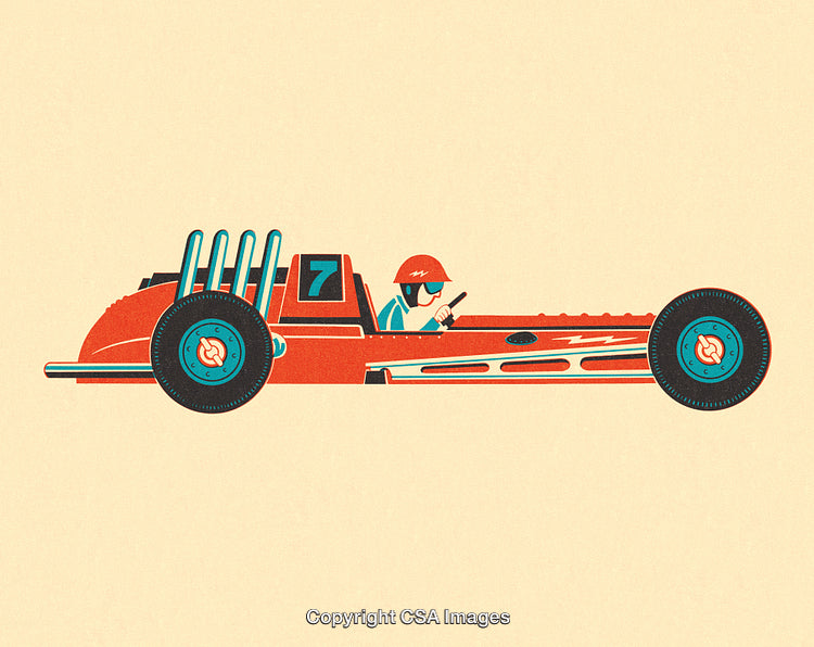 Vintage Racing Car Illustration with a Retro Driver and Number Seven