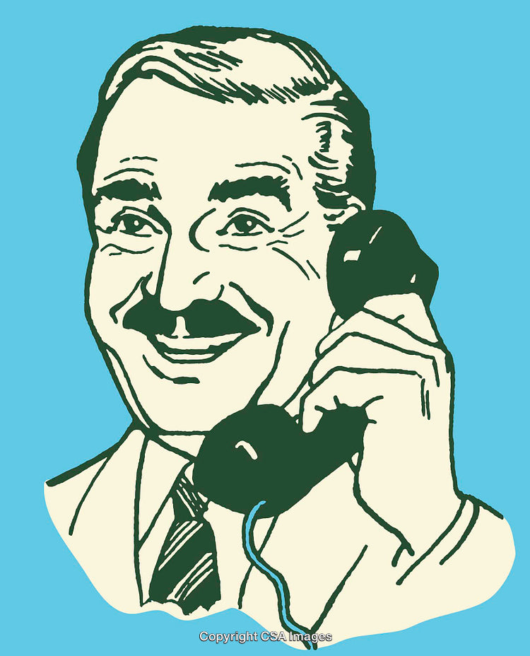 Smiling Man Talking on Vintage Telephone Drawn in Retro Illustration Style