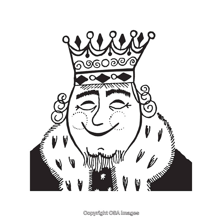 Black and White King Illustration with Crown and Regal Expression