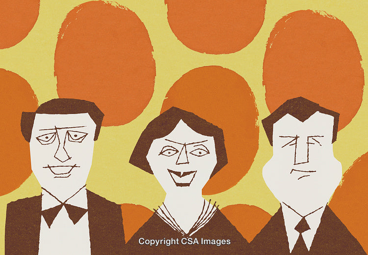 Abstract Representation of People in Formal Attire with Bold Orange Patterns