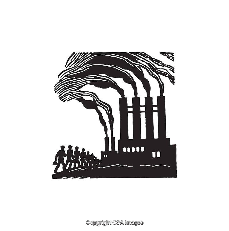 Illustration of Factory and Workers Smoking Chimneys Monochromatic