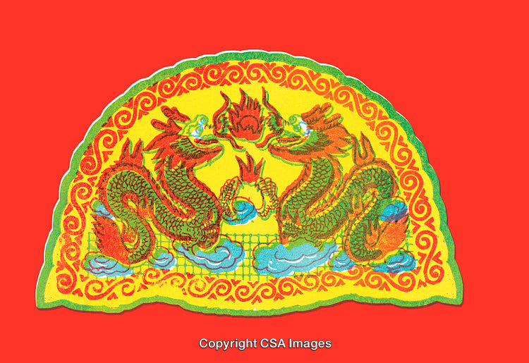 Traditional Chinese Art Featuring Two Dragons in a Vivid Red and Yellow Design