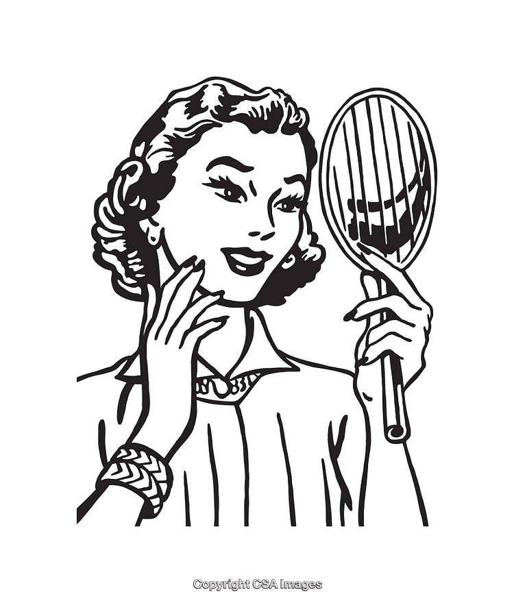 Vintage Styled Woman Holding Mirror in Retro Line Art Illustration