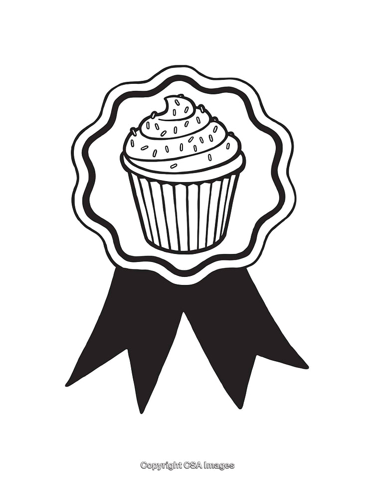 Black and White Line Art of a Cupcake on a Ribbon Emblem