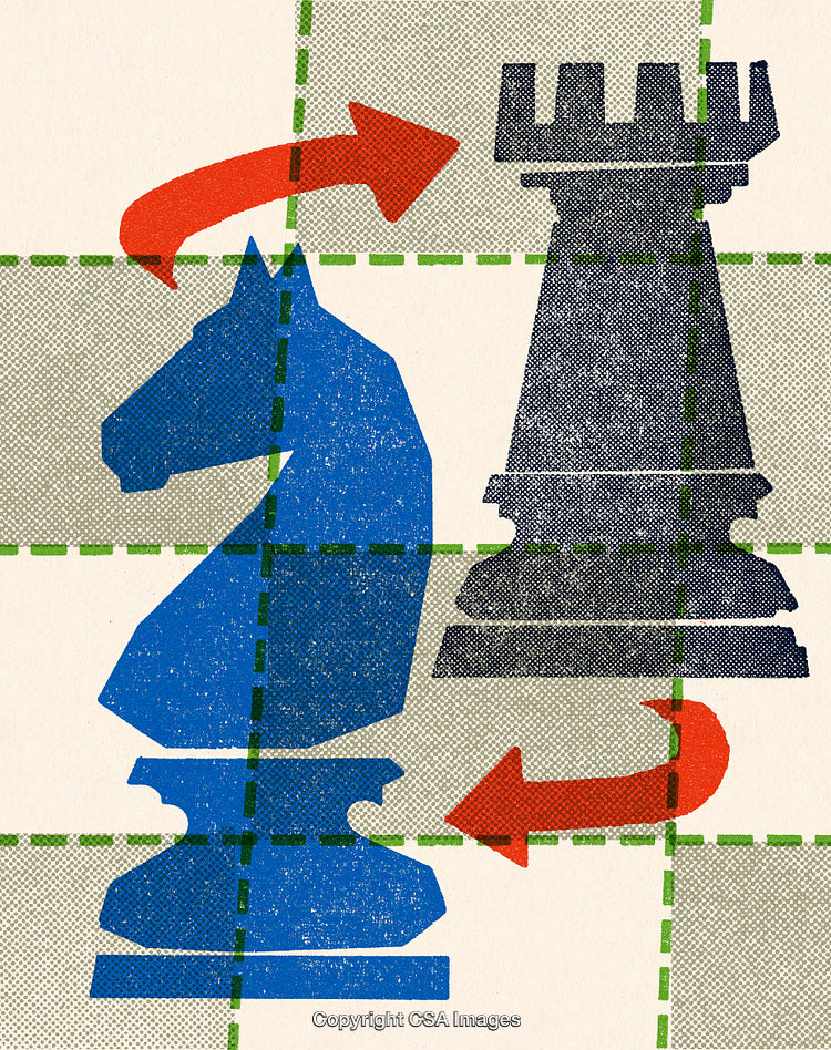 Chess Knight and Rook Figures Illustrated with Strategic Arrows