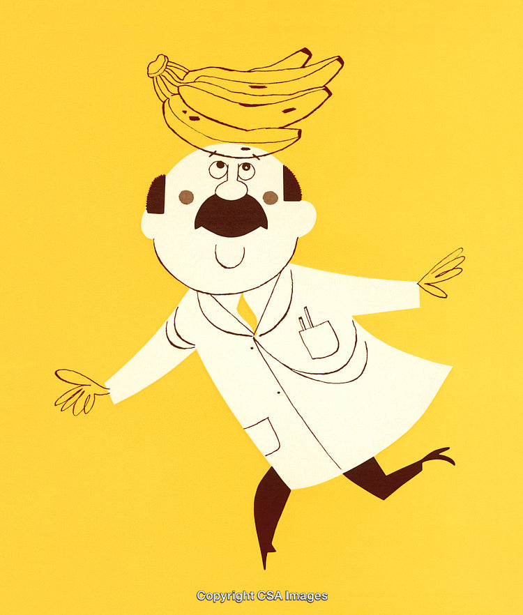 Cartoon Scientist Balancing Bananas on His Head Against Yellow Background