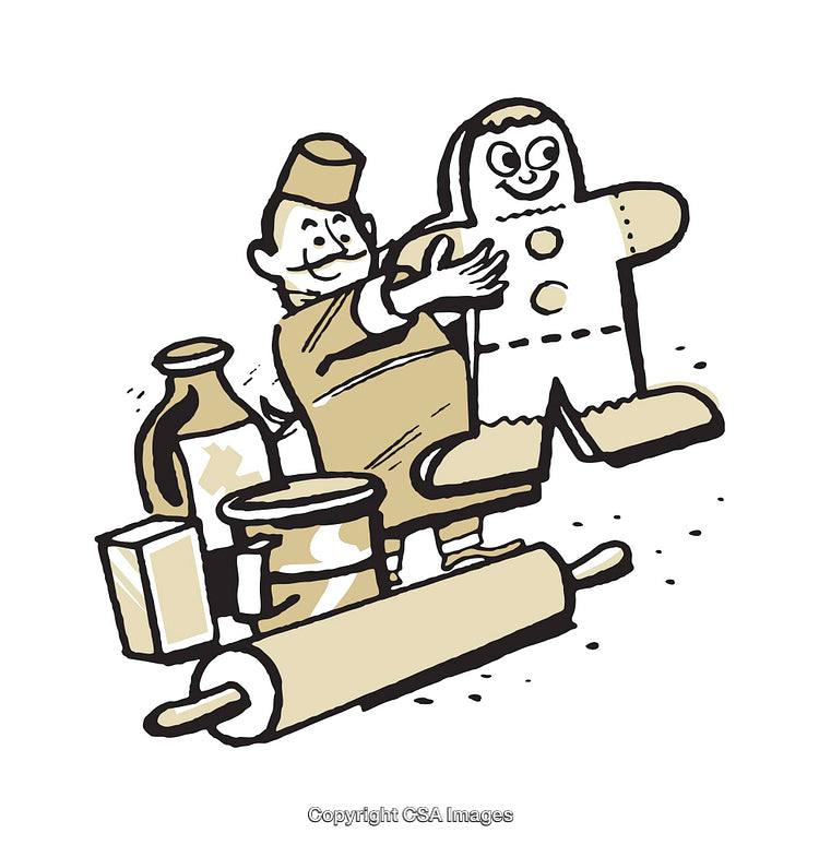 Illustration of a Baker and a Gingerbread Man with Baking Supplies