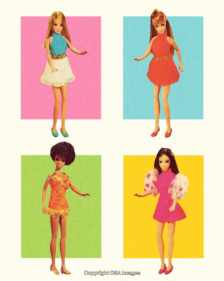 Vintage Styled Dolls Presented in Colorful Panels with Retro Fashion Outfits