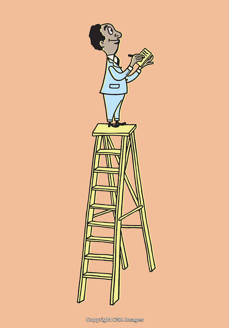 Cartoon Character Standing on Ladder Writing in Notebook