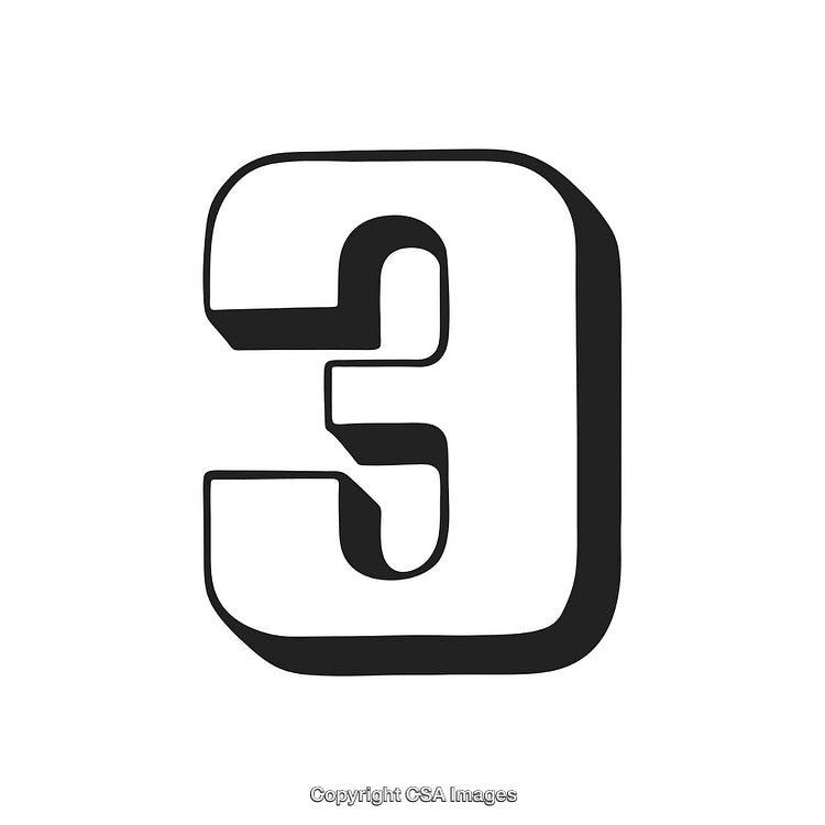 Bold Black Outline Number Three on White Background