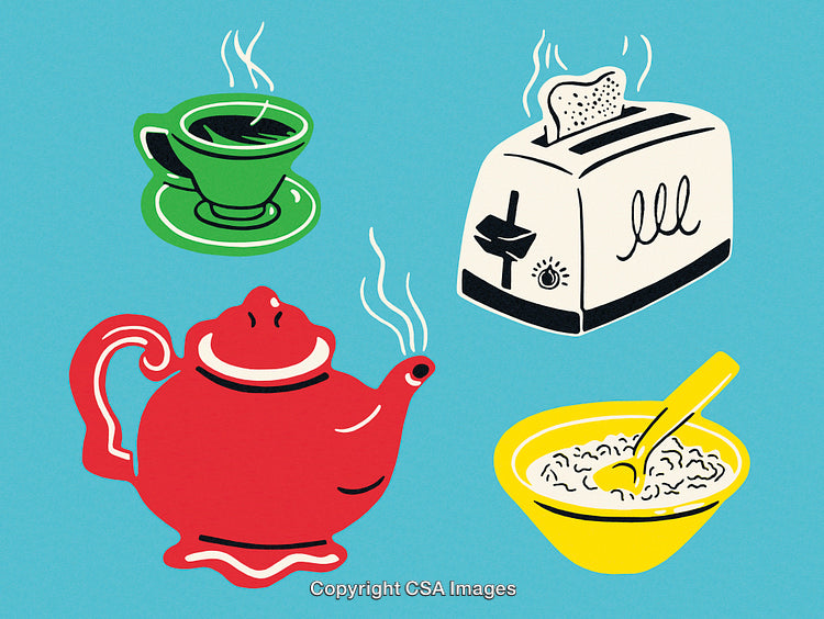 Illustrated Breakfast Scene With Toast, Coffee, Cereal, and a Red Teapot