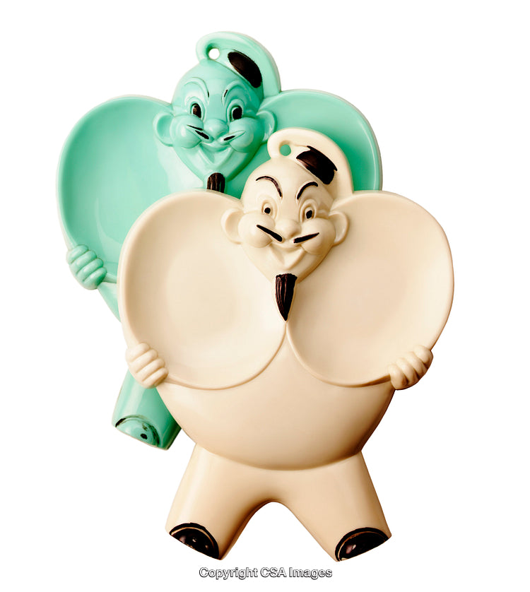 Two Colorful Vintage Style Cartoon Character Plates, Green and Beige Tones