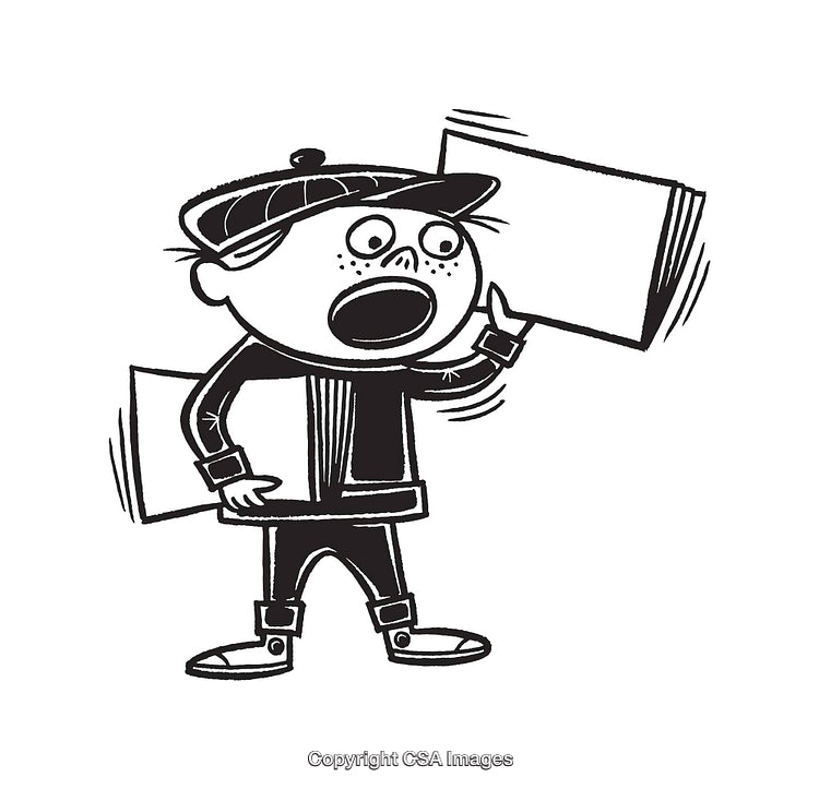 Black and White Illustration of Newsboy Shouting and Holding Papers