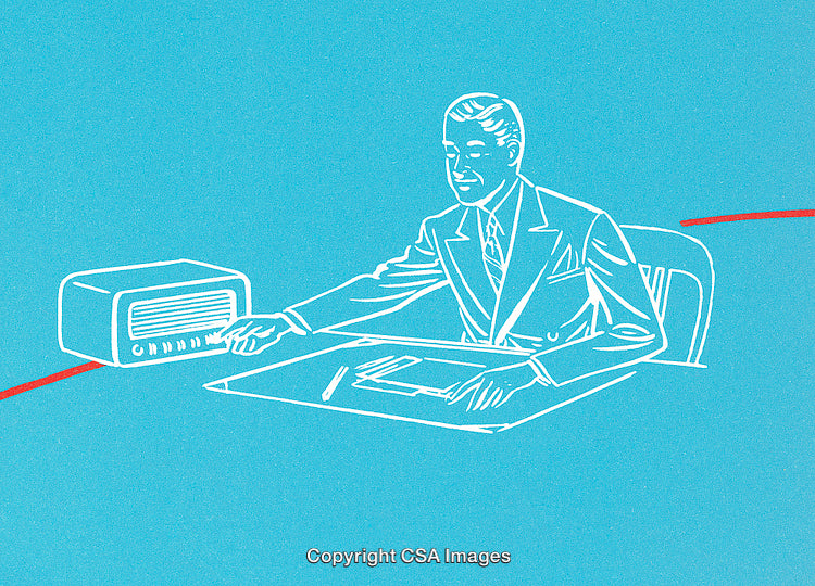 Vintage Illustration of a Man Using a Retro Radio Device