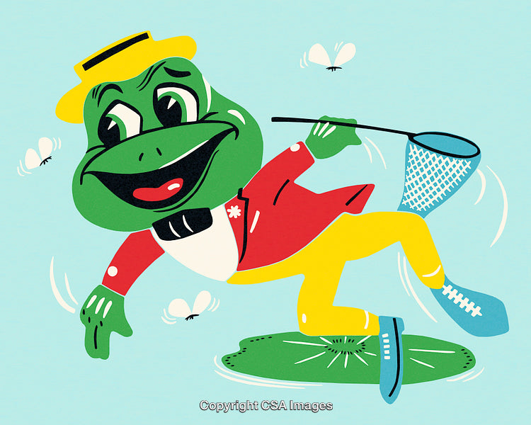 Comic-Style Cartoon Frog Catching Flies with a Net in Bright Colors