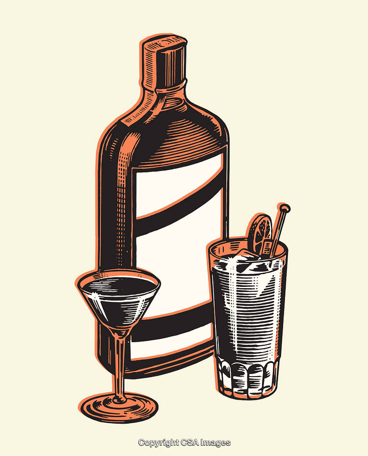 Vintage Line Art Illustration of Bottle and Cocktails with Glassware