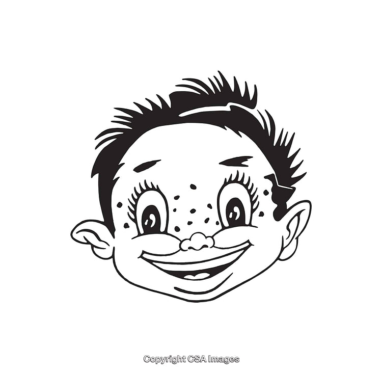 Cartoon Illustration of Smiling Boy with Freckles in Black and White Line Art