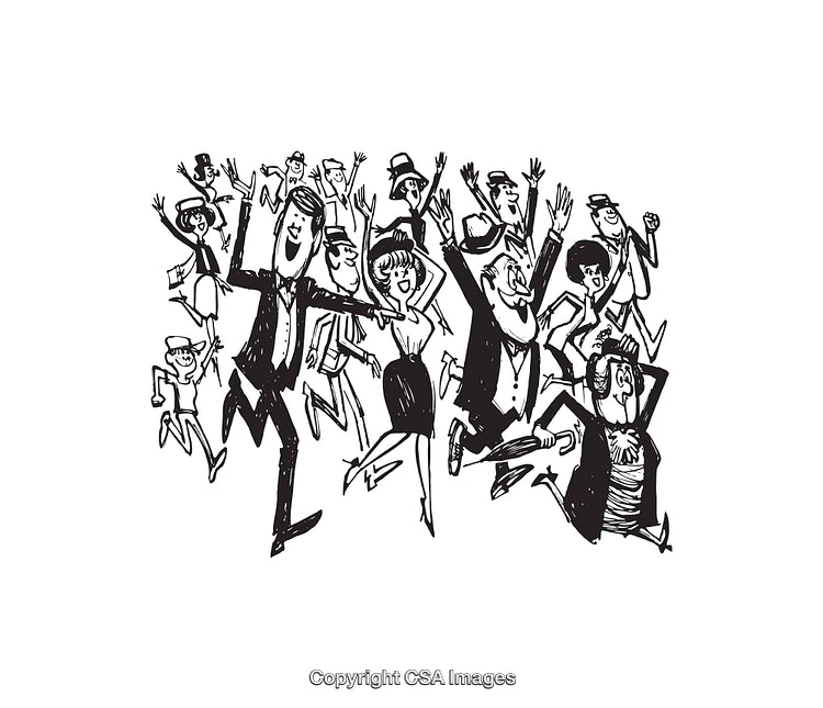 Excited Crowd Joyfully Celebrating with Fun and Energy in Black and White Art