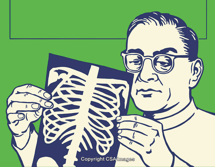 Retro Style Illustration of Doctor Holding and Observing an X-Ray Film