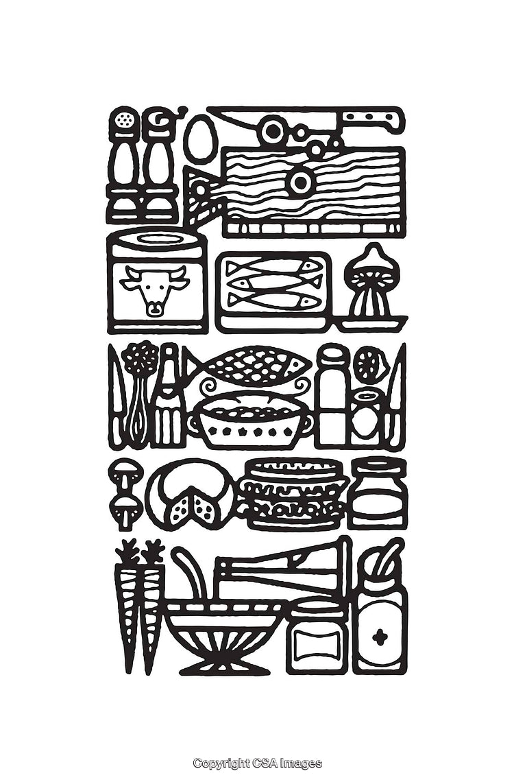 Black and White Line Art of Food and Kitchen Elements Arrangement