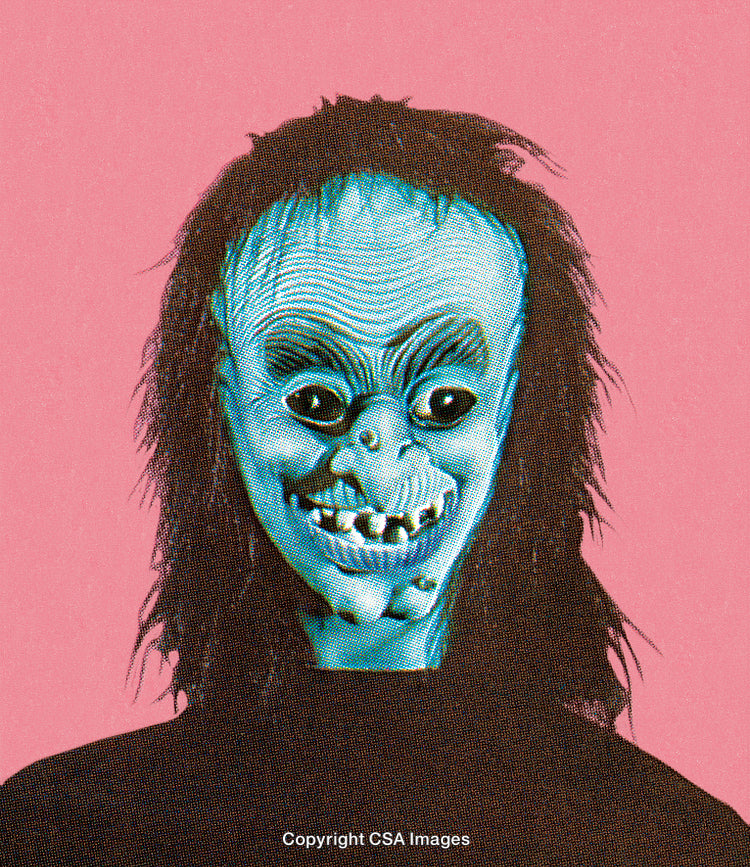 Blue Grotesque Mask with Pink Backdrop in Vintage Halftone Effect