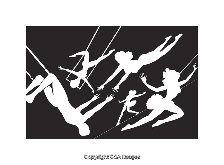 Black and White Silhouette of Trapeze Artists Performing Aerial Acrobatics