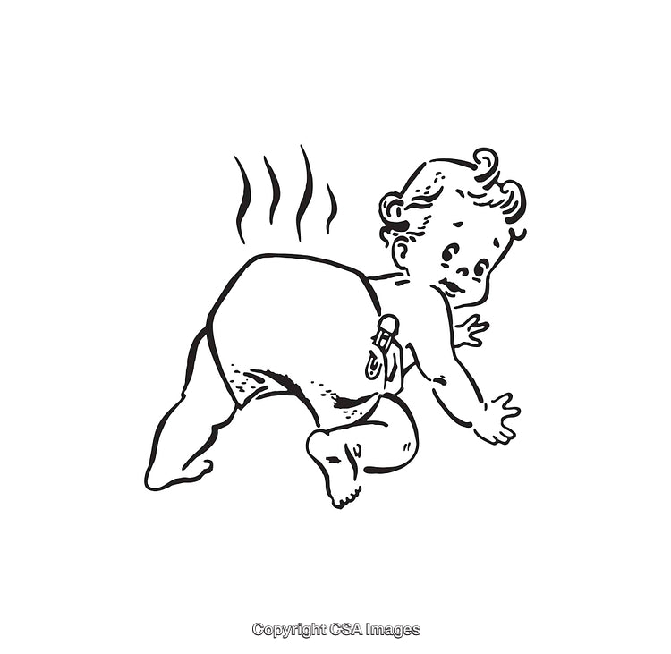 Vintage Black and White Illustration of a Playful Baby in Diaper