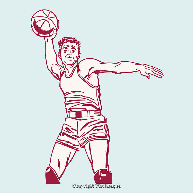 Retro Style Line Art Illustration of a Basketball Player in Action