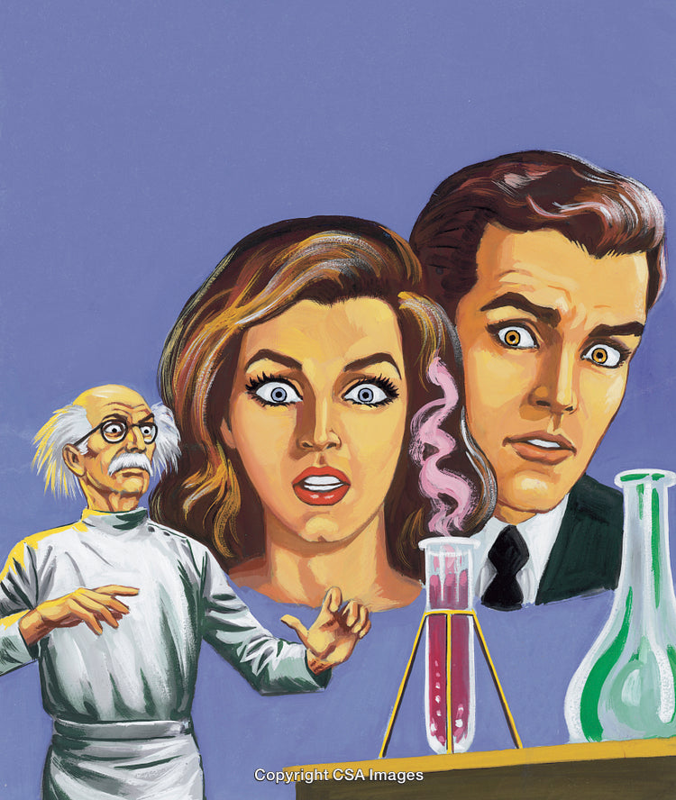Surprised Individuals Observing a Scientist Performing a Chemistry Experiment
