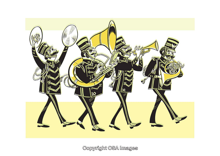 Marching Band Illustration Featuring Musicians Playing Various Brass Instruments