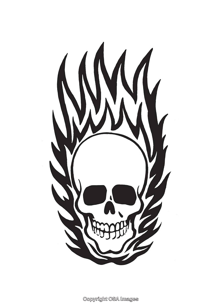 Black and White Skull with Flames Illustration Artwork