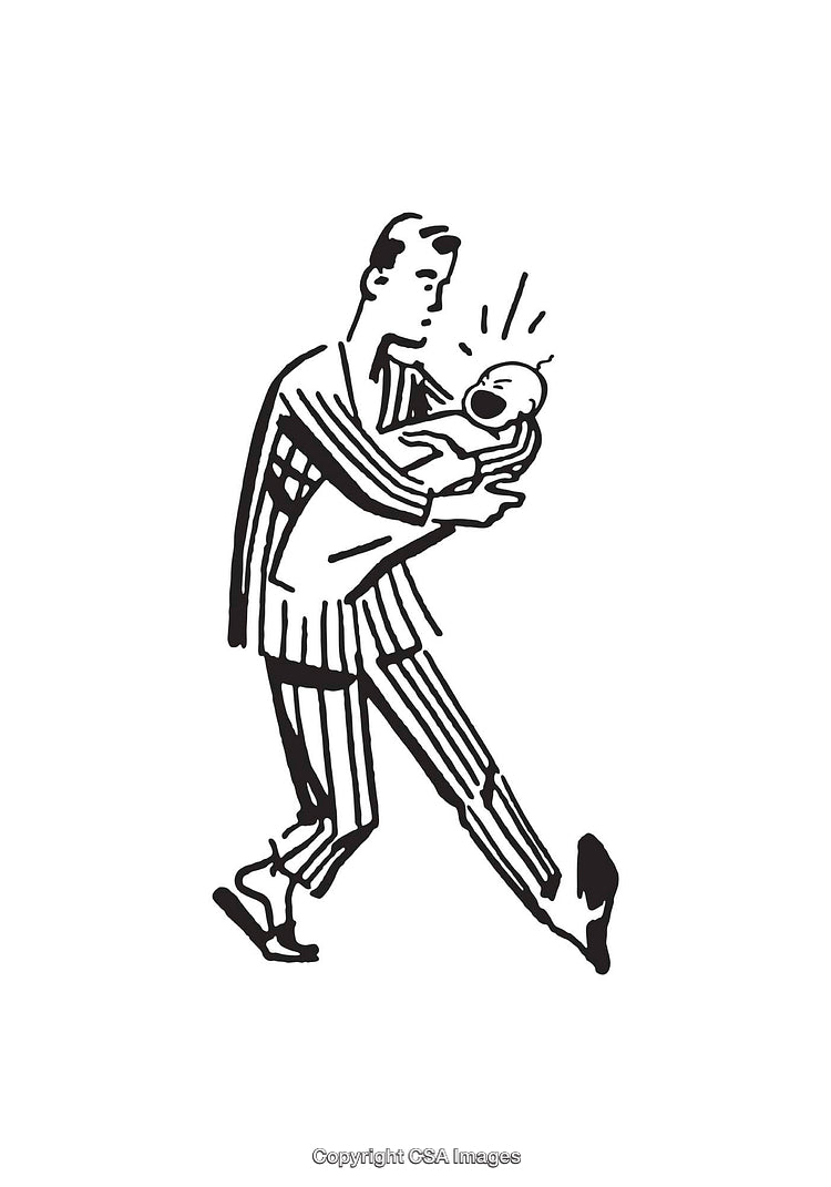 Retro Black and White Line Art of a Man Holding a Crying Baby