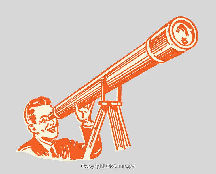 Vintage Illustration of a Man Observing Through a Telescope on Gray Background