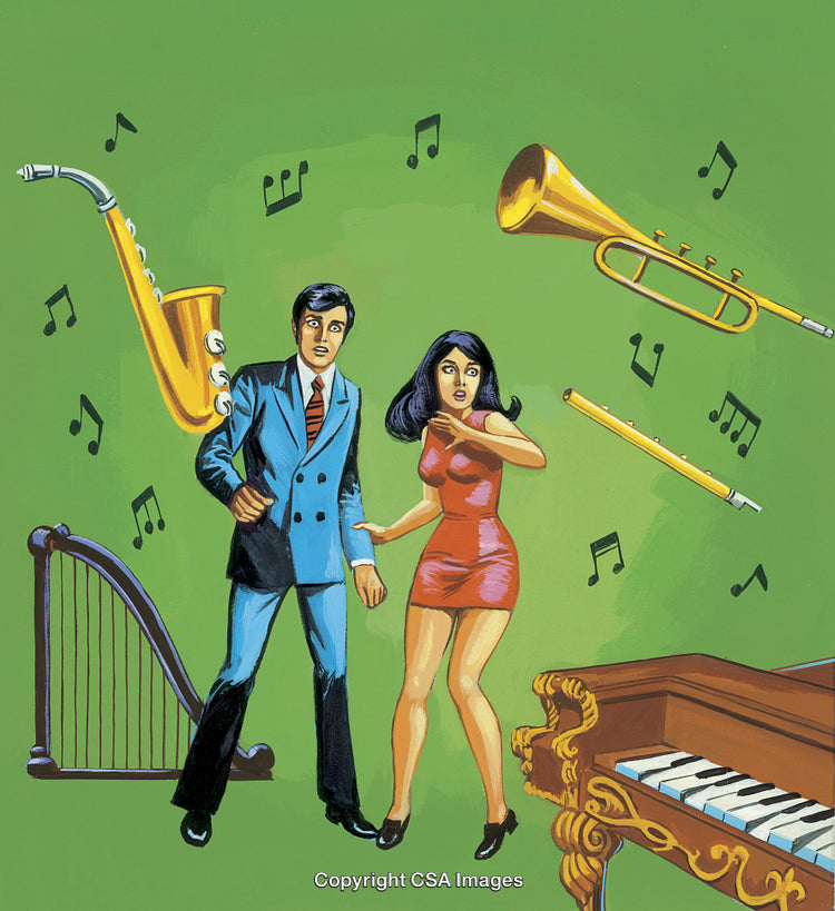 Surprised Couple Amidst a Vibrant Scene of Musical Instruments