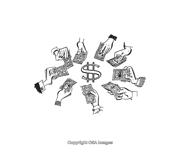 Black and White Illustration Depicting Hands Exchanging Money Around Dollar Sign