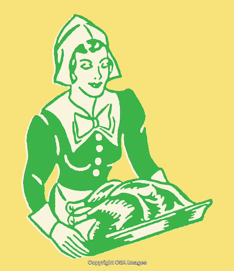 Vintage Illustration of Woman Presenting Roasted Turkey Dinner in Retro Style