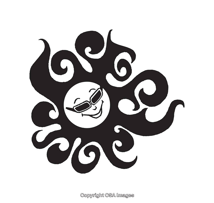 Smiling Sun Illustration with Swirling Rays in Black and White Design