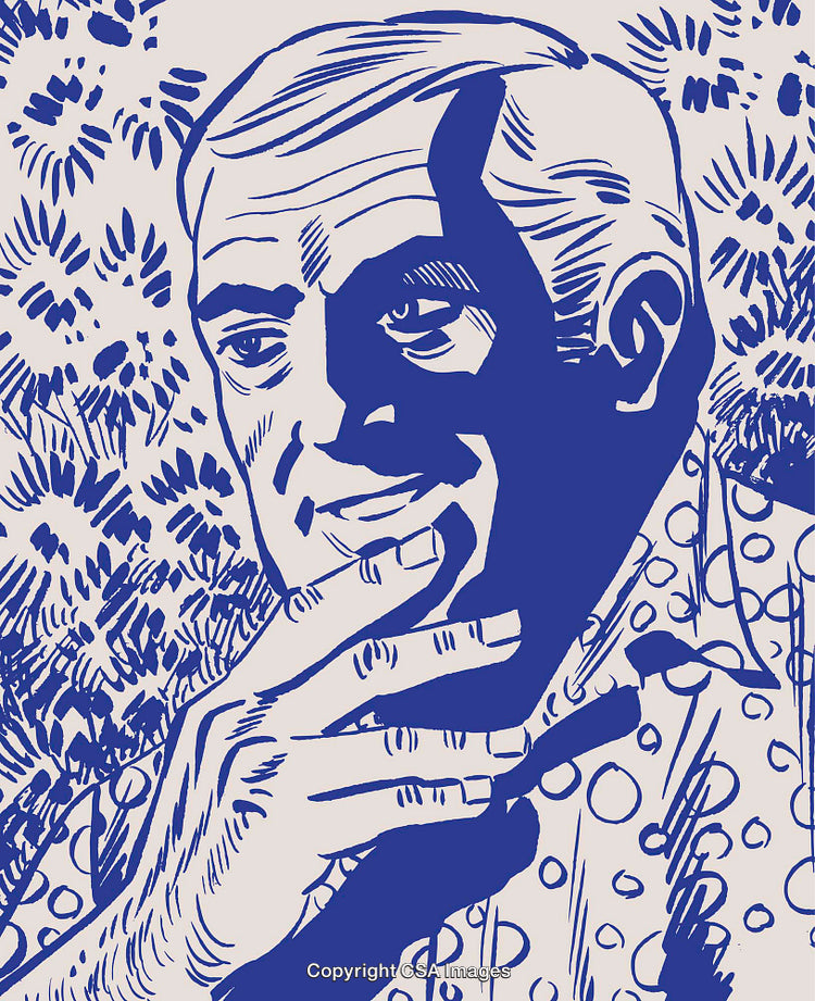 Retro Blue-Toned Illustration of Smiling Man in Patterned Shirt