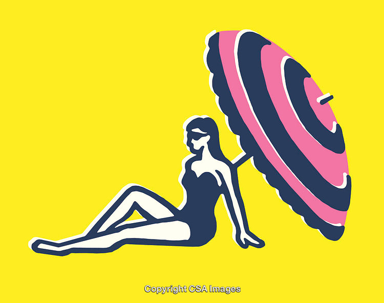 Woman Relaxing Under a Beach Umbrella on Vibrant Yellow Background