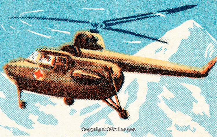 Retro Style Medical Helicopter Flying Over Snowy Mountains Illustration