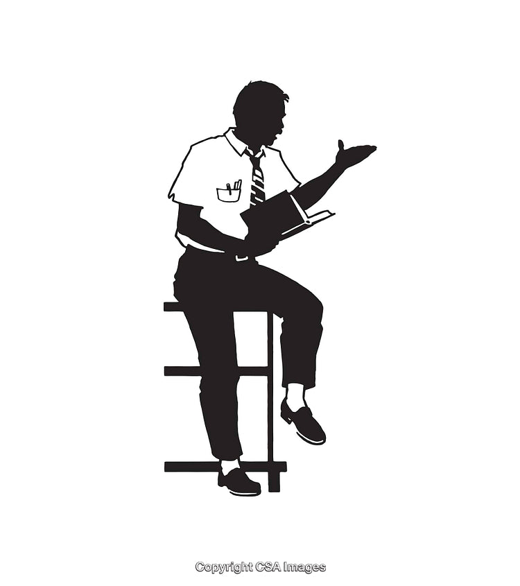 Black and White Illustration of a Man Seated and Gesturing