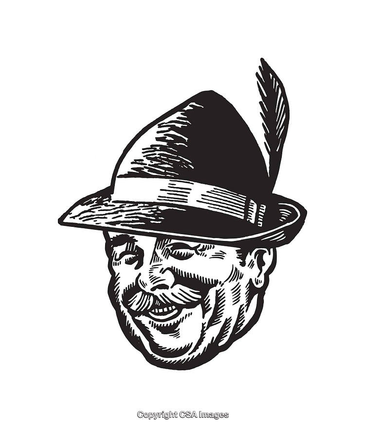 Vintage Black And White Drawing of a Smiling Man in Feathered Hat