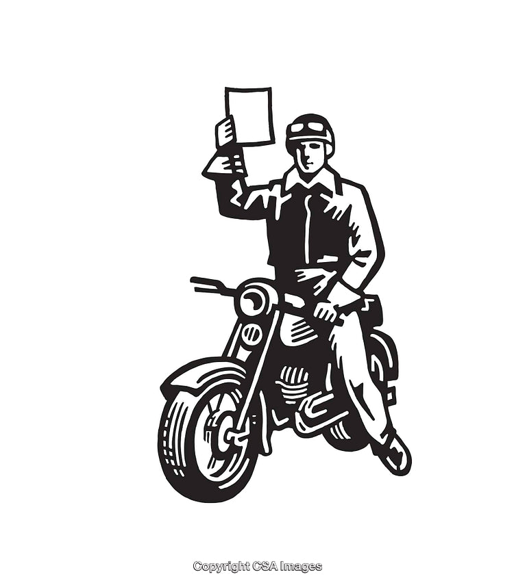 Black and White Illustration of Motorcyclist Holding a Piece of Paper